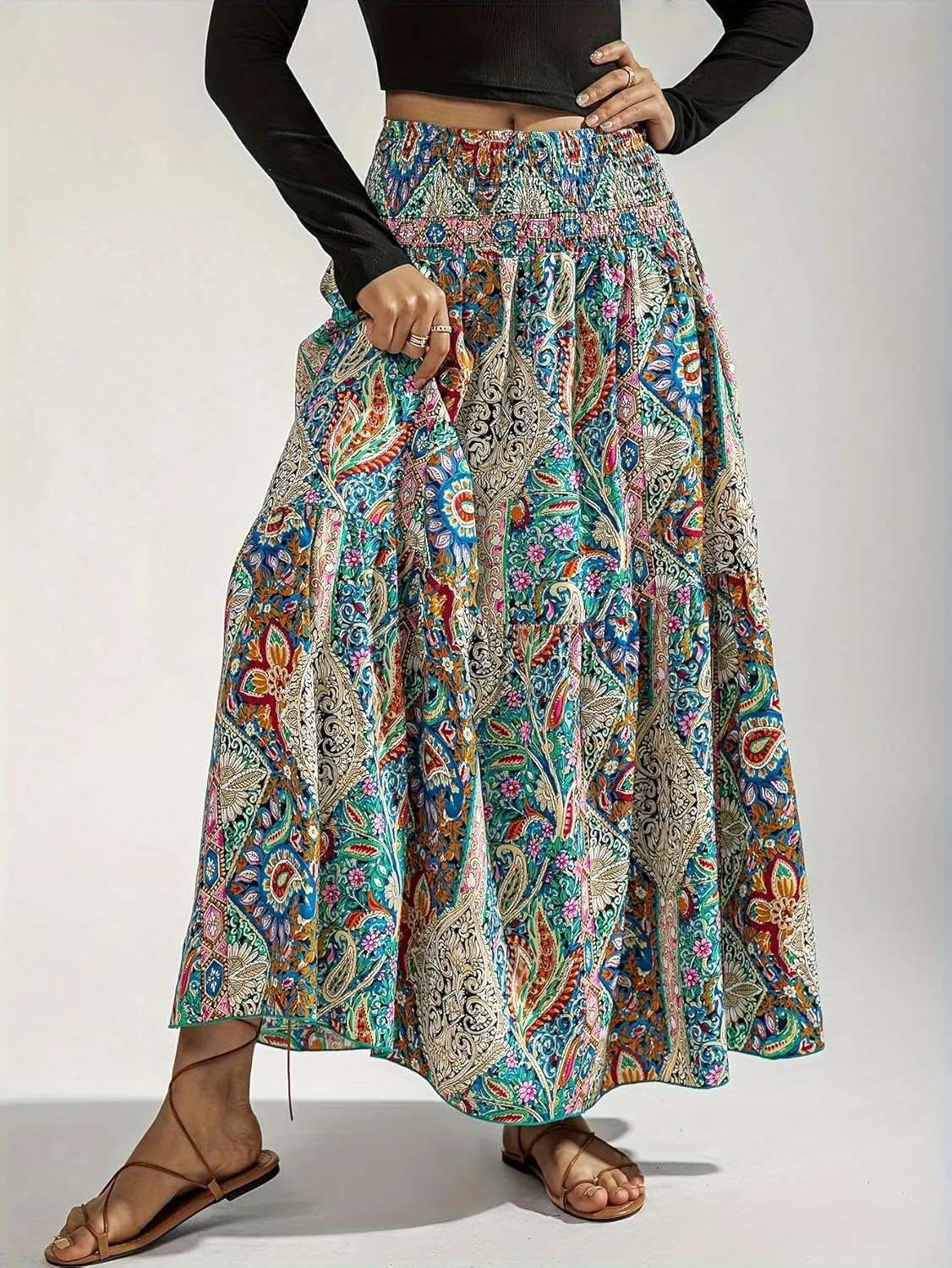 YHYJMY Women's Boho Skirt Elastic High Waist Pleated A-Line Flared Maxi Skirts Womens Flowy Long Skirts