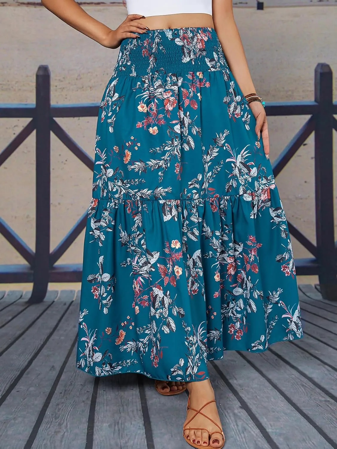 YHYJMY Women's Boho Skirt Elastic High Waist Pleated A-Line Flared Maxi Skirts Womens Flowy Long Skirts