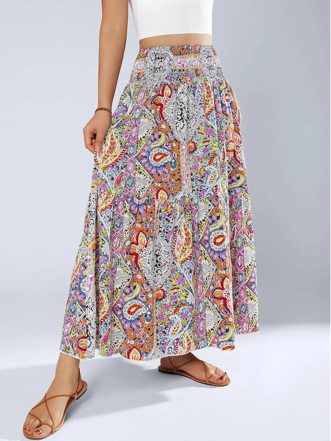 YHYJMY Women's Boho Skirt Elastic High Waist Pleated A-Line Flared Maxi Skirts Womens Flowy Long Skirts