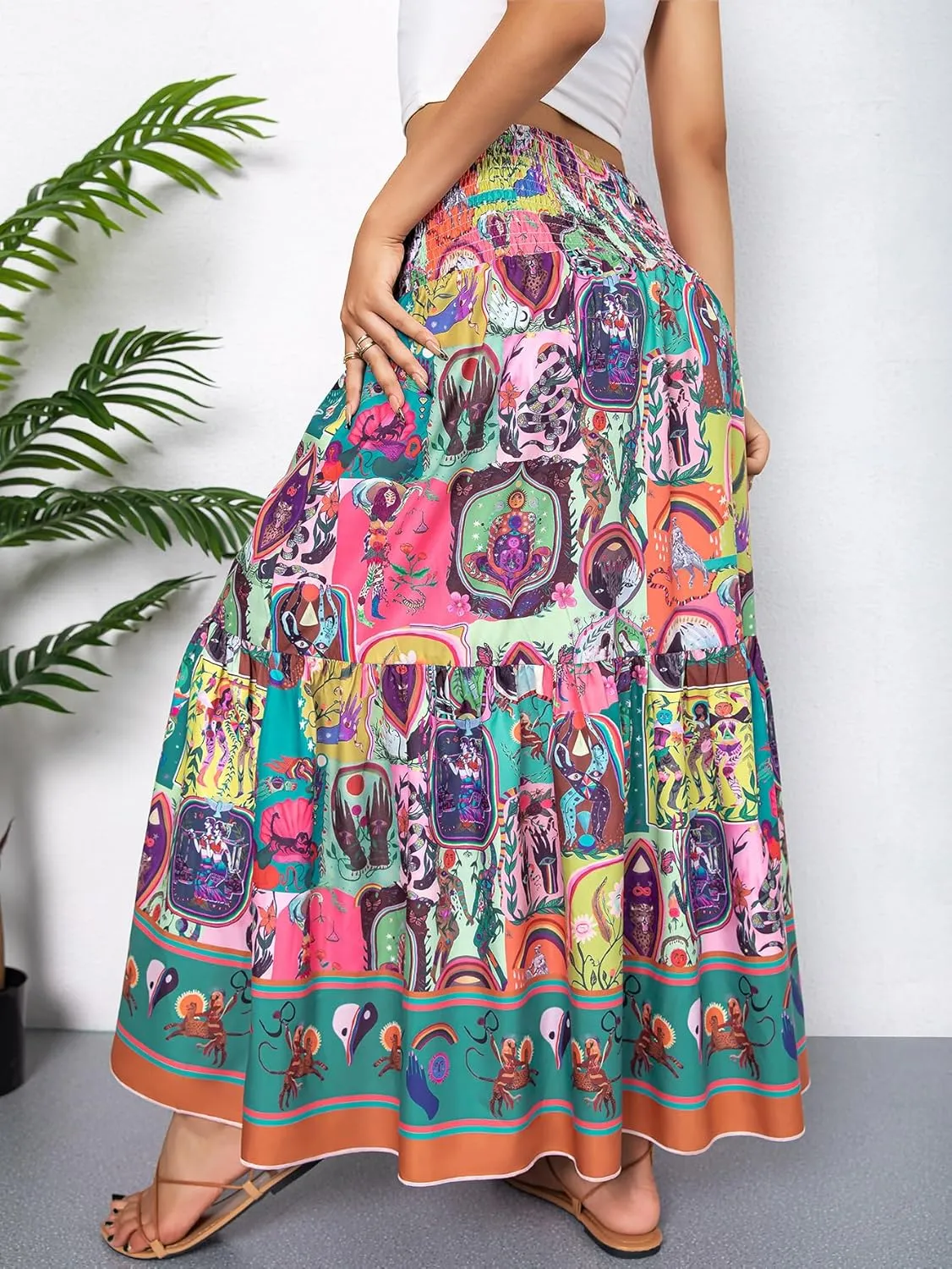 YHYJMY Women's Boho Skirt Elastic High Waist Pleated A-Line Flared Maxi Skirts Womens Flowy Long Skirts