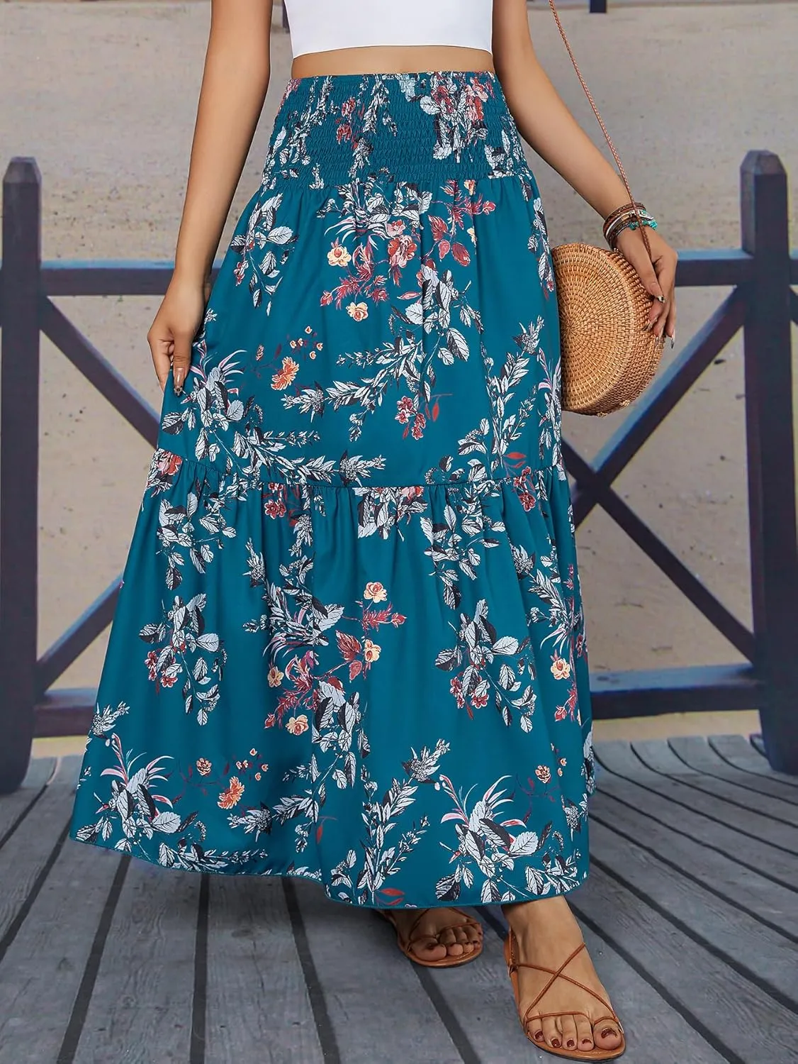 YHYJMY Women's Boho Skirt Elastic High Waist Pleated A-Line Flared Maxi Skirts Womens Flowy Long Skirts