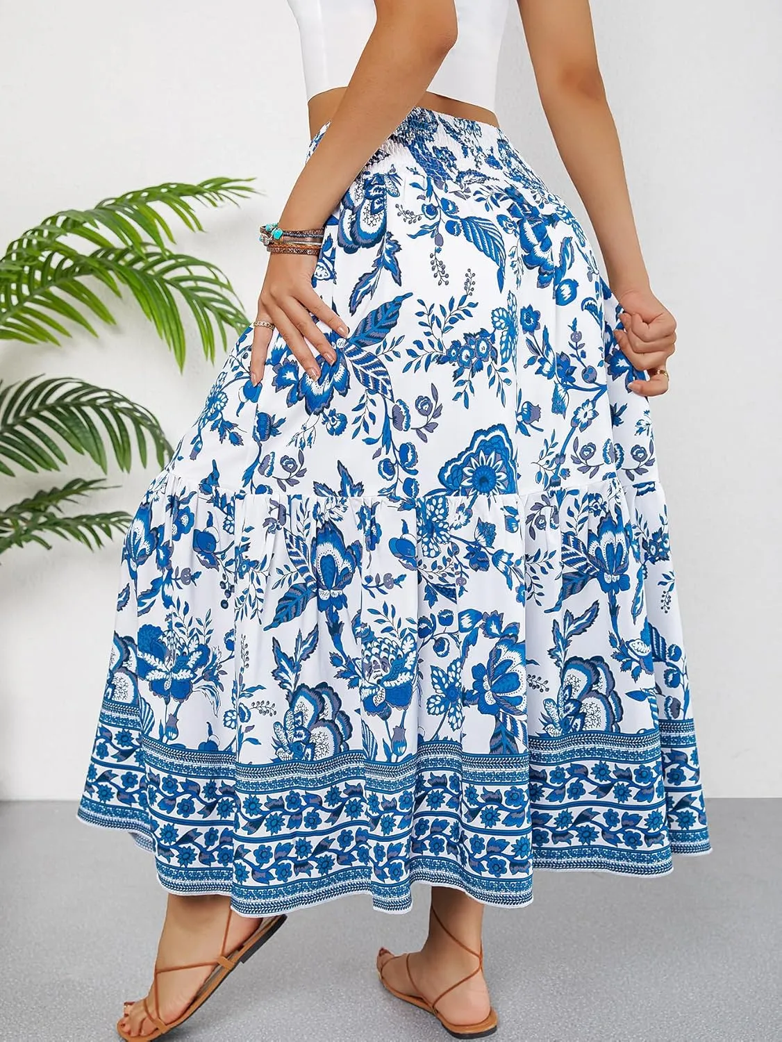 YHYJMY Women's Boho Skirt Elastic High Waist Pleated A-Line Flared Maxi Skirts Womens Flowy Long Skirts