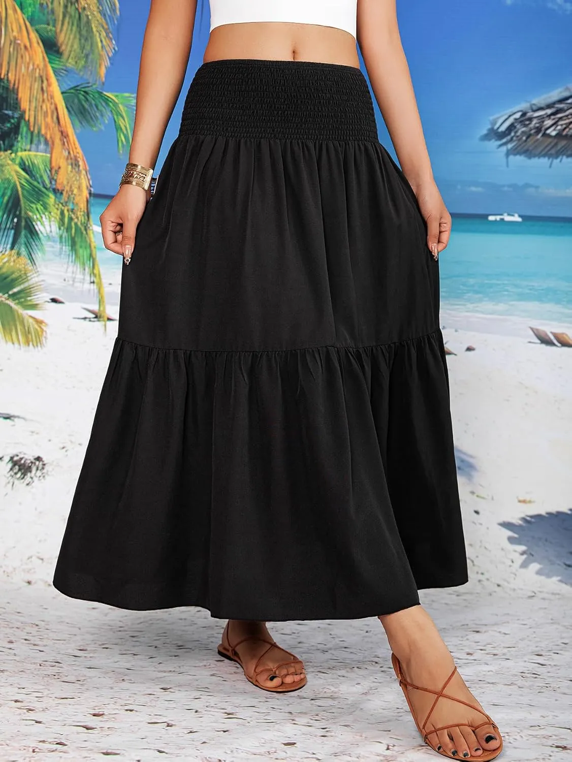 YHYJMY Women's Boho Skirt Elastic High Waist Pleated A-Line Flared Maxi Skirts Womens Flowy Long Skirts