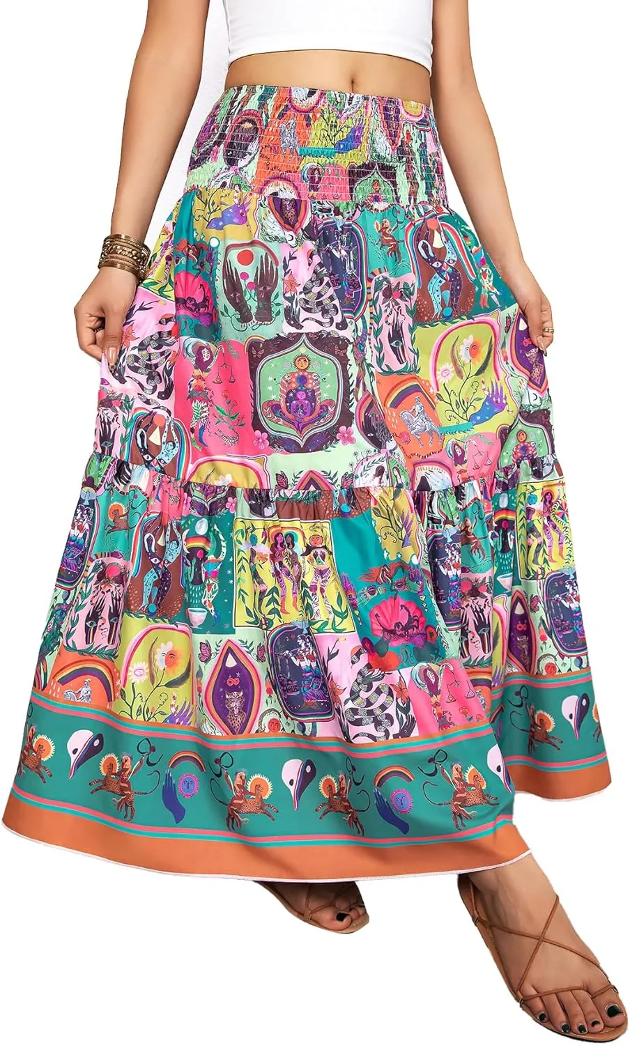 YHYJMY Women's Boho Skirt Elastic High Waist Pleated A-Line Flared Maxi Skirts Womens Flowy Long Skirts
