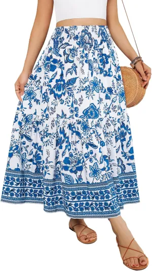 YHYJMY Women's Boho Skirt Elastic High Waist Pleated A-Line Flared Maxi Skirts Womens Flowy Long Skirts
