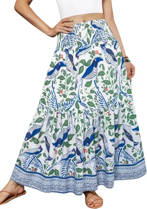 YHYJMY Women's Boho Skirt Elastic High Waist Pleated A-Line Flared Maxi Skirts Womens Flowy Long Skirts