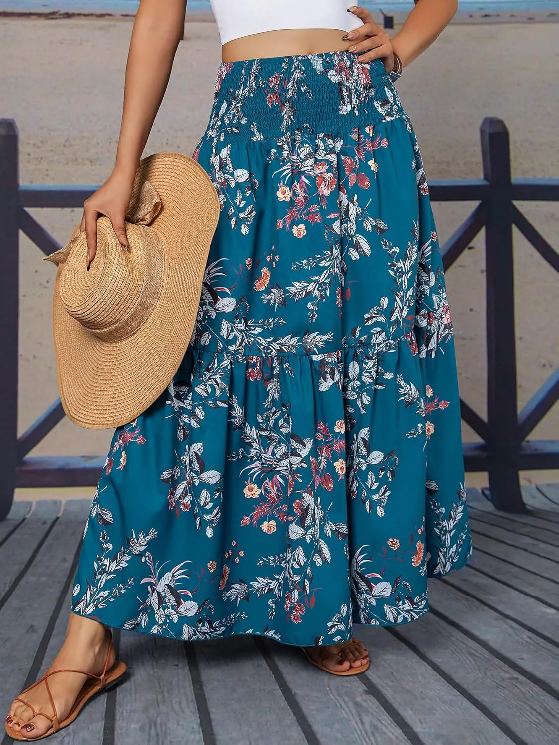 YHYJMY Women's Boho Skirt Elastic High Waist Pleated A-Line Flared Maxi Skirts Womens Flowy Long Skirts