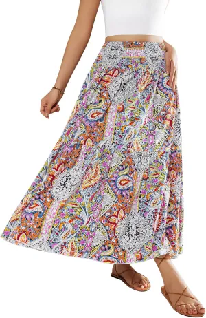 YHYJMY Women's Boho Skirt Elastic High Waist Pleated A-Line Flared Maxi Skirts Womens Flowy Long Skirts