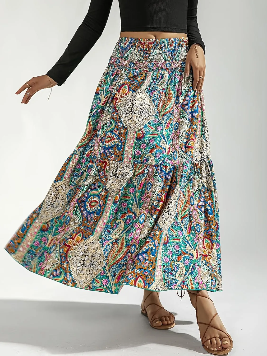 YHYJMY Women's Boho Skirt Elastic High Waist Pleated A-Line Flared Maxi Skirts Womens Flowy Long Skirts