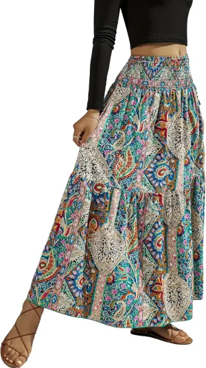 YHYJMY Women's Boho Skirt Elastic High Waist Pleated A-Line Flared Maxi Skirts Womens Flowy Long Skirts