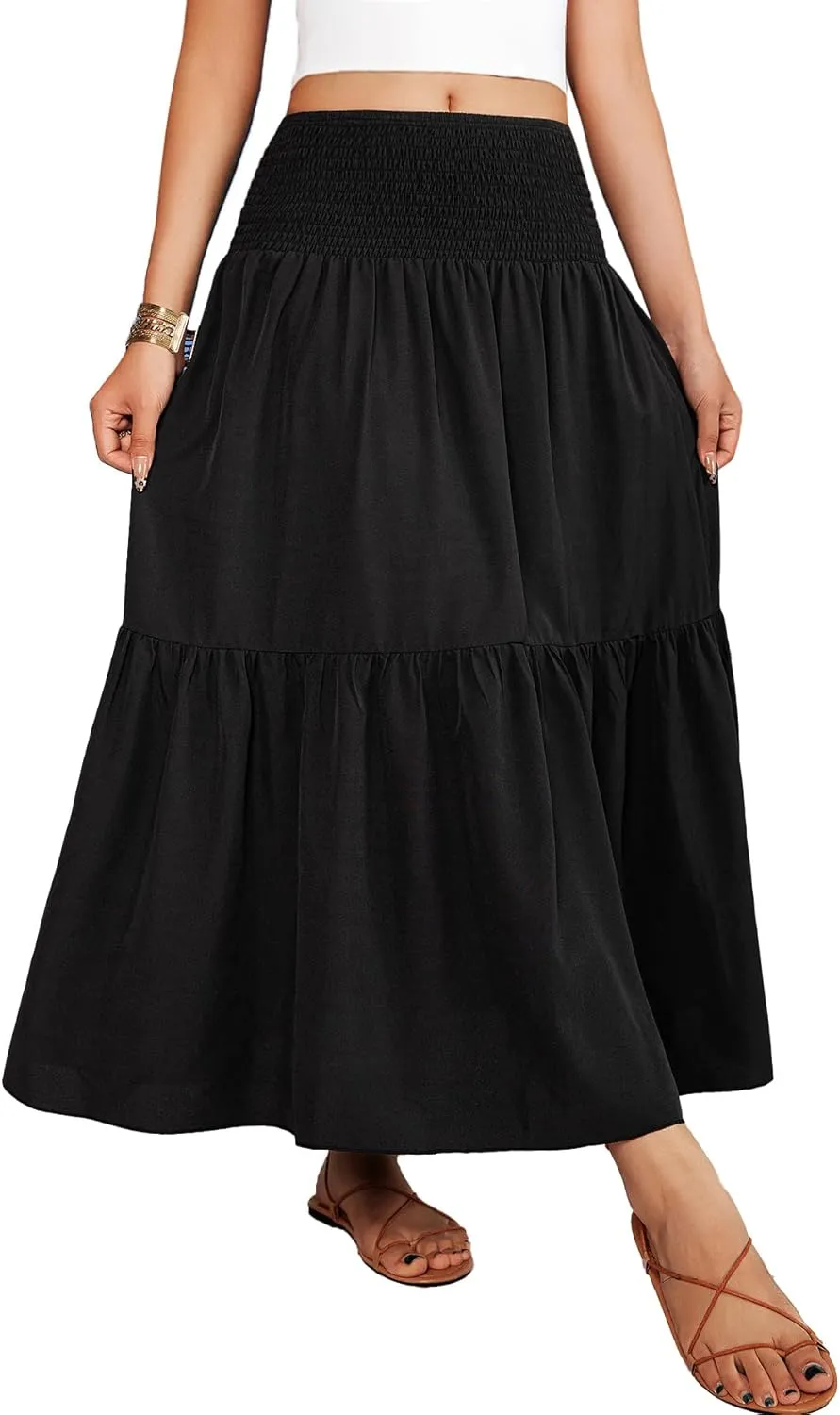 YHYJMY Women's Boho Skirt Elastic High Waist Pleated A-Line Flared Maxi Skirts Womens Flowy Long Skirts