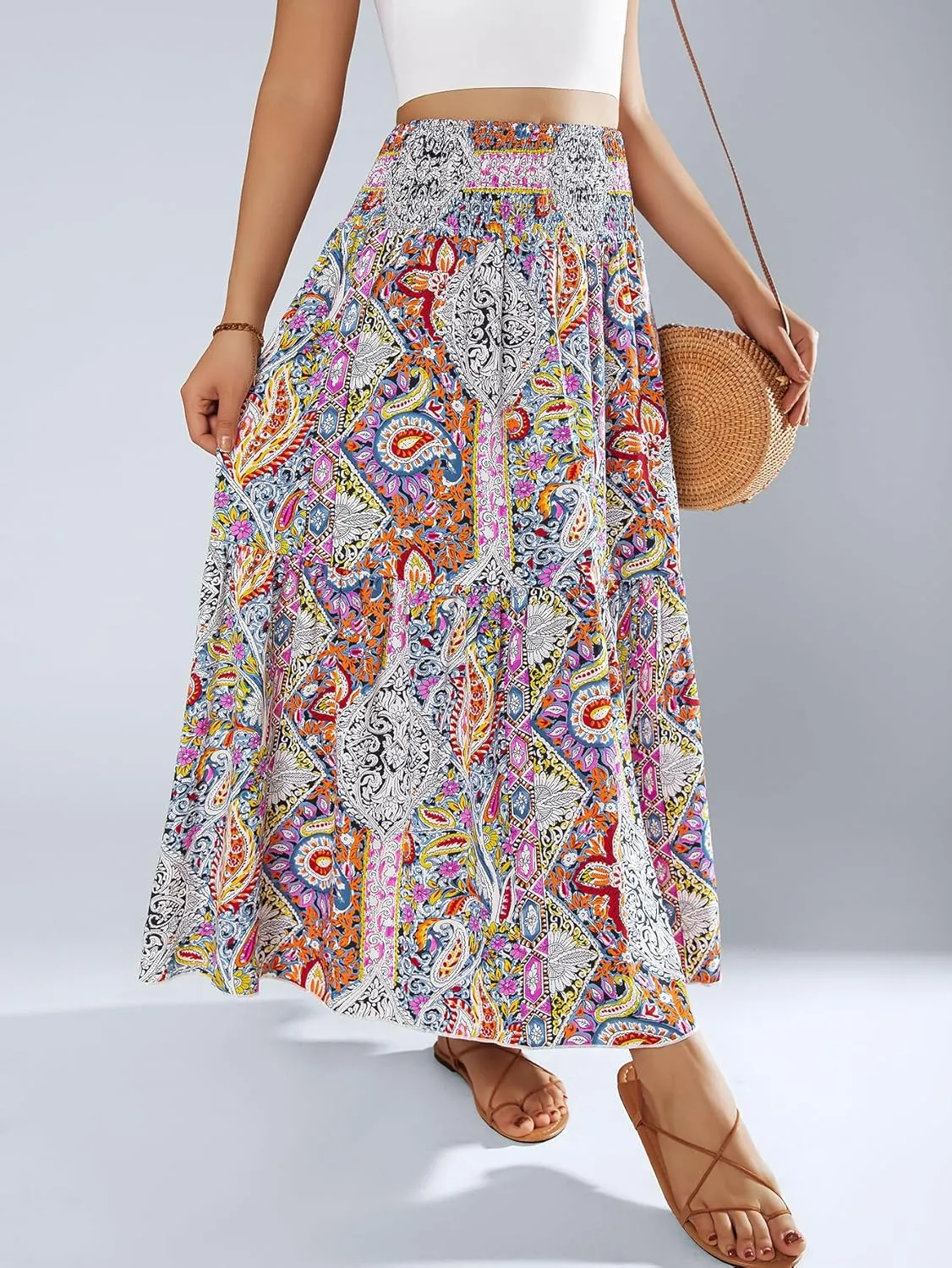 YHYJMY Women's Boho Skirt Elastic High Waist Pleated A-Line Flared Maxi Skirts Womens Flowy Long Skirts