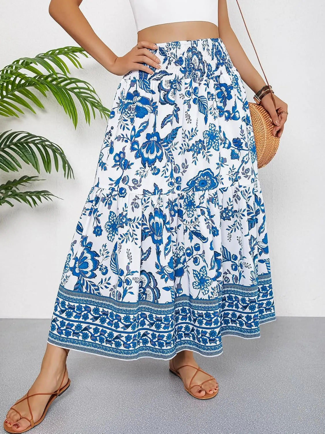 YHYJMY Women's Boho Skirt Elastic High Waist Pleated A-Line Flared Maxi Skirts Womens Flowy Long Skirts
