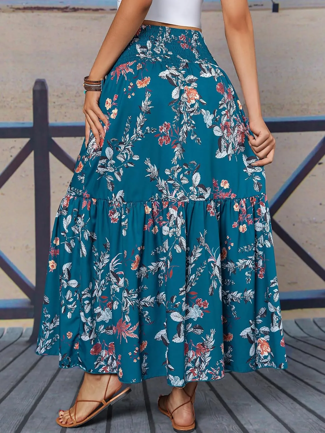 YHYJMY Women's Boho Skirt Elastic High Waist Pleated A-Line Flared Maxi Skirts Womens Flowy Long Skirts