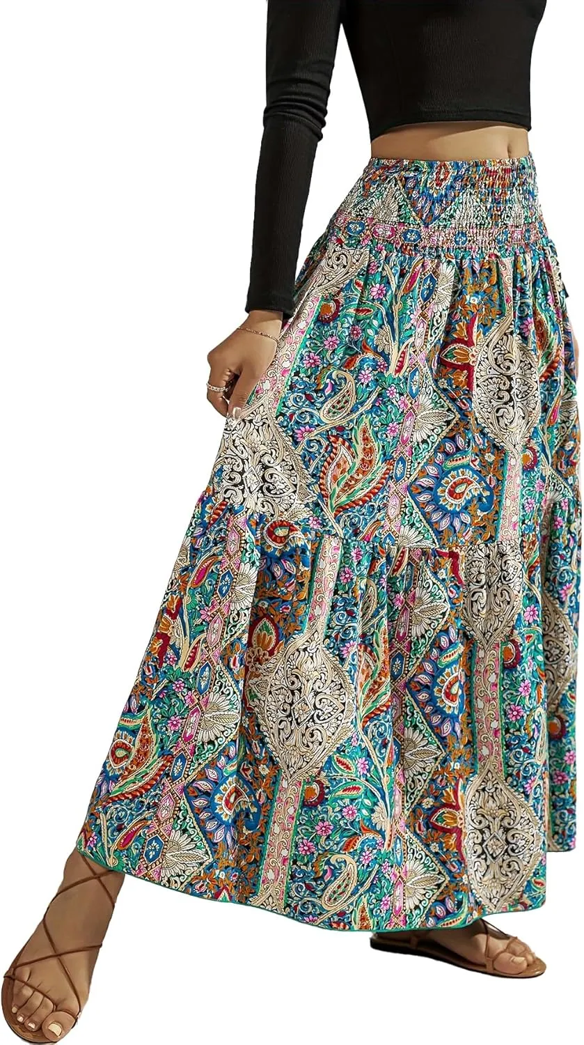 YHYJMY Women's Boho Skirt Elastic High Waist Pleated A-Line Flared Maxi Skirts Womens Flowy Long Skirts