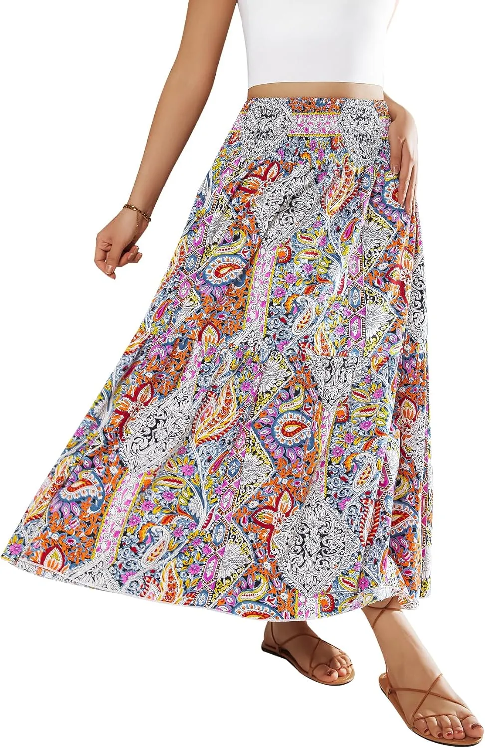 YHYJMY Women's Boho Skirt Elastic High Waist Pleated A-Line Flared Maxi Skirts Womens Flowy Long Skirts