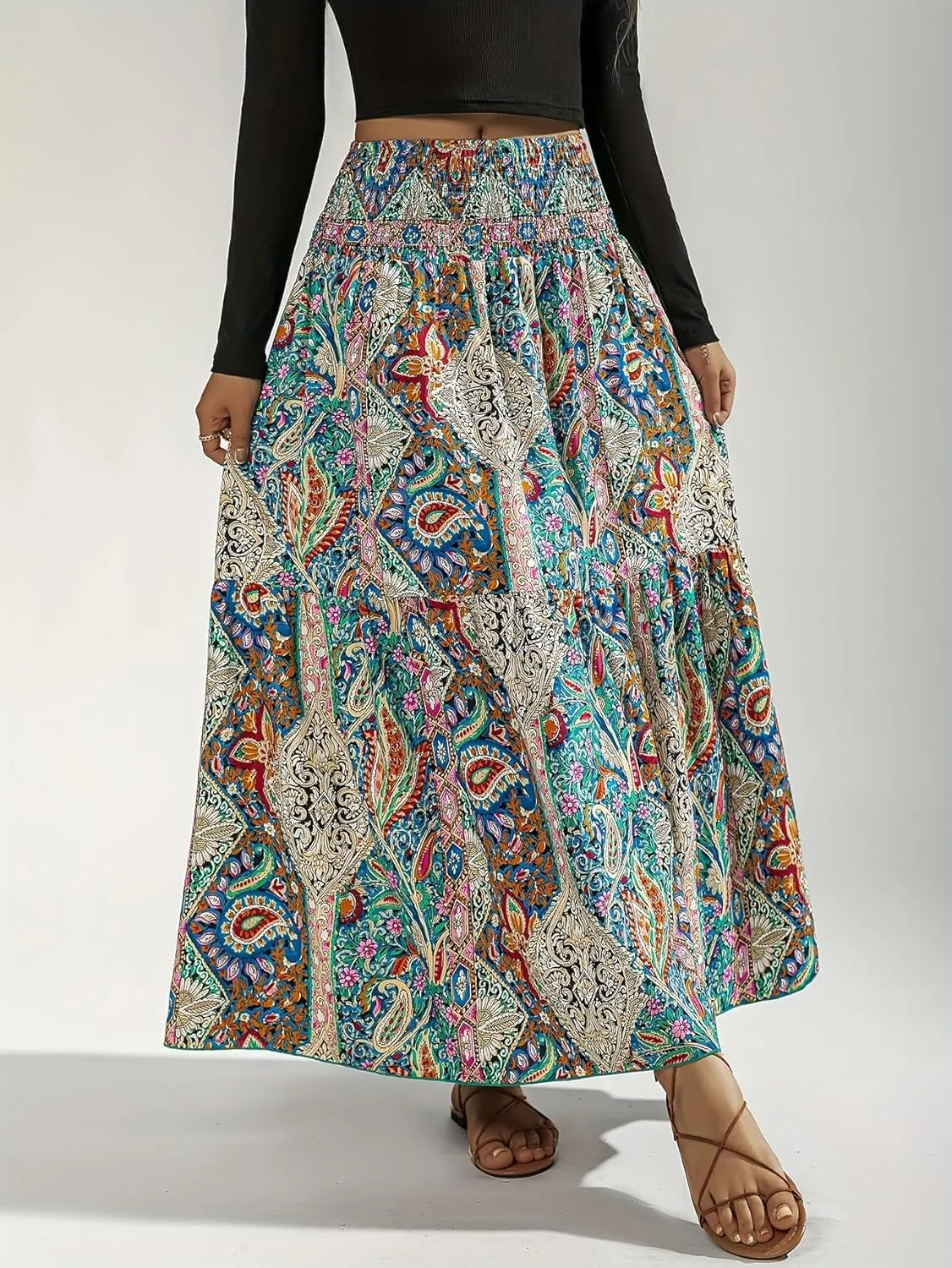 YHYJMY Women's Boho Skirt Elastic High Waist Pleated A-Line Flared Maxi Skirts Womens Flowy Long Skirts