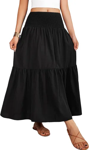 YHYJMY Women's Boho Skirt Elastic High Waist Pleated A-Line Flared Maxi Skirts Womens Flowy Long Skirts