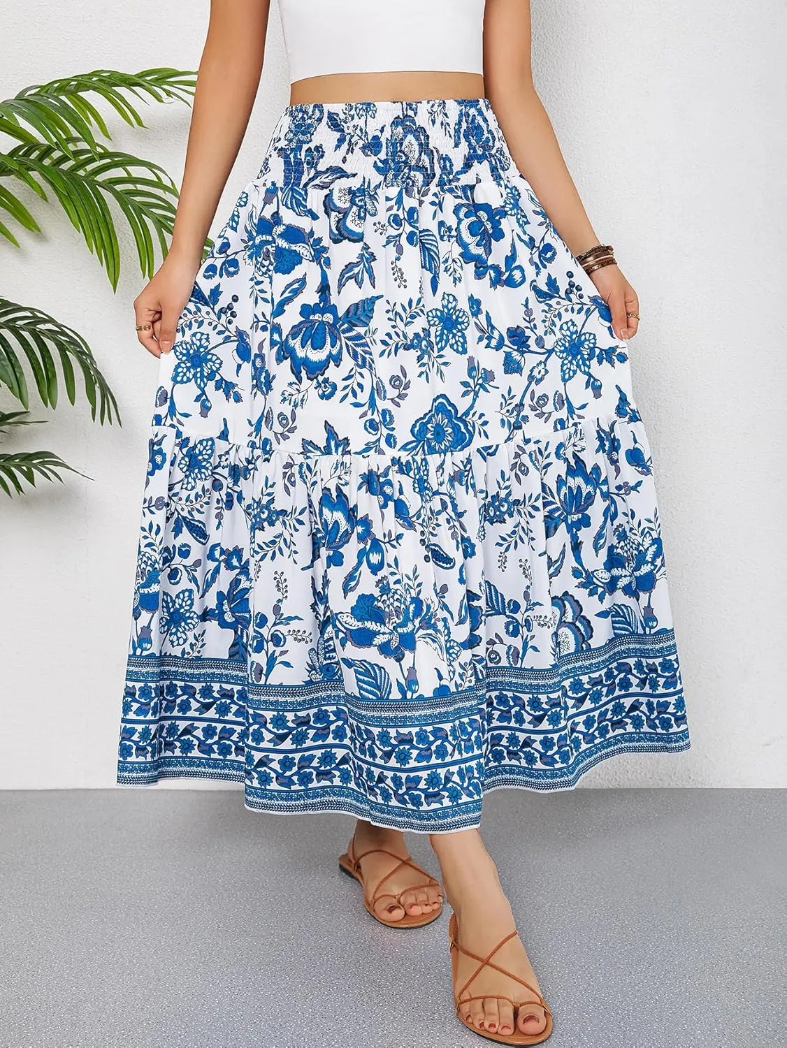YHYJMY Women's Boho Skirt Elastic High Waist Pleated A-Line Flared Maxi Skirts Womens Flowy Long Skirts