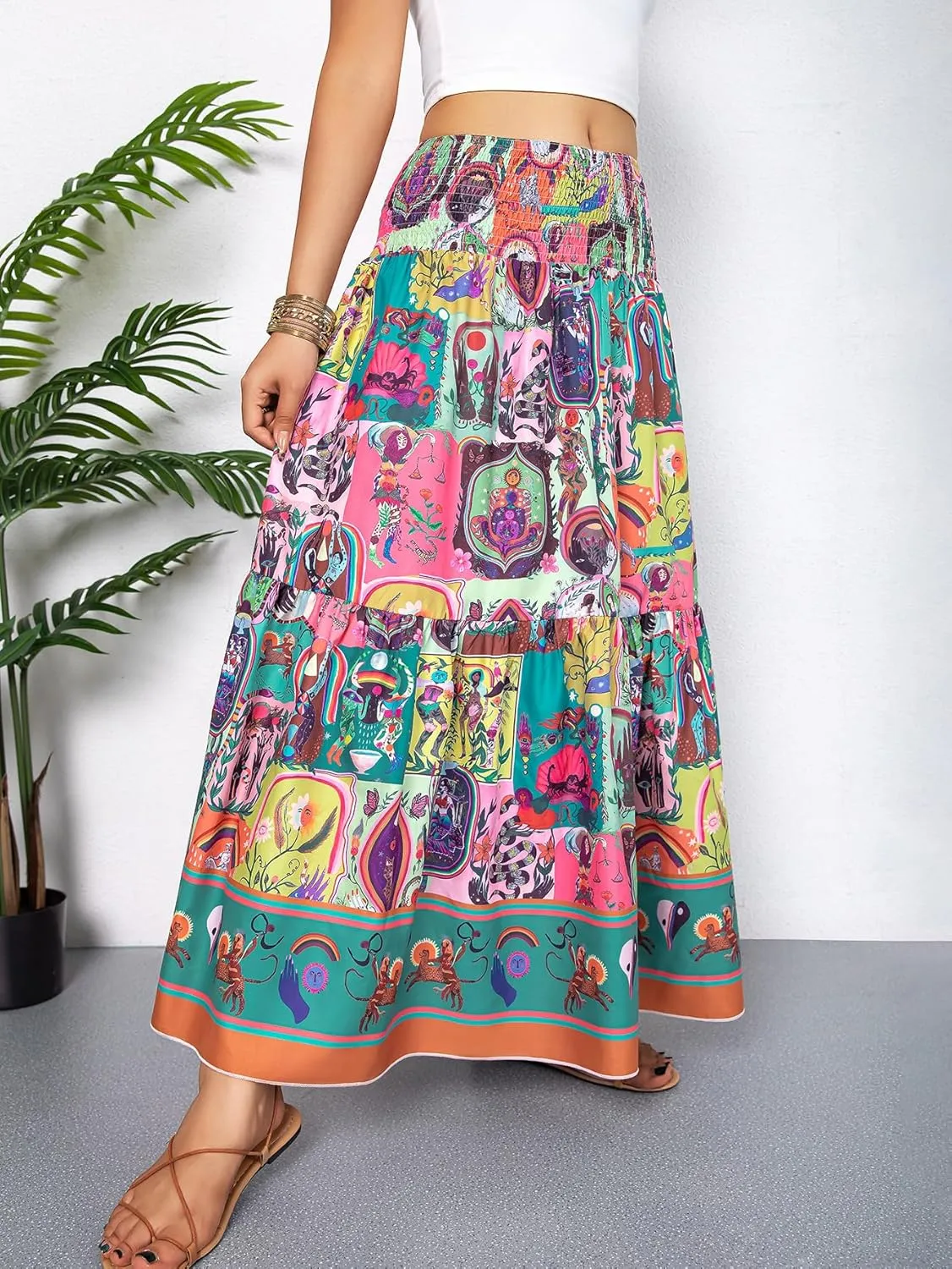 YHYJMY Women's Boho Skirt Elastic High Waist Pleated A-Line Flared Maxi Skirts Womens Flowy Long Skirts