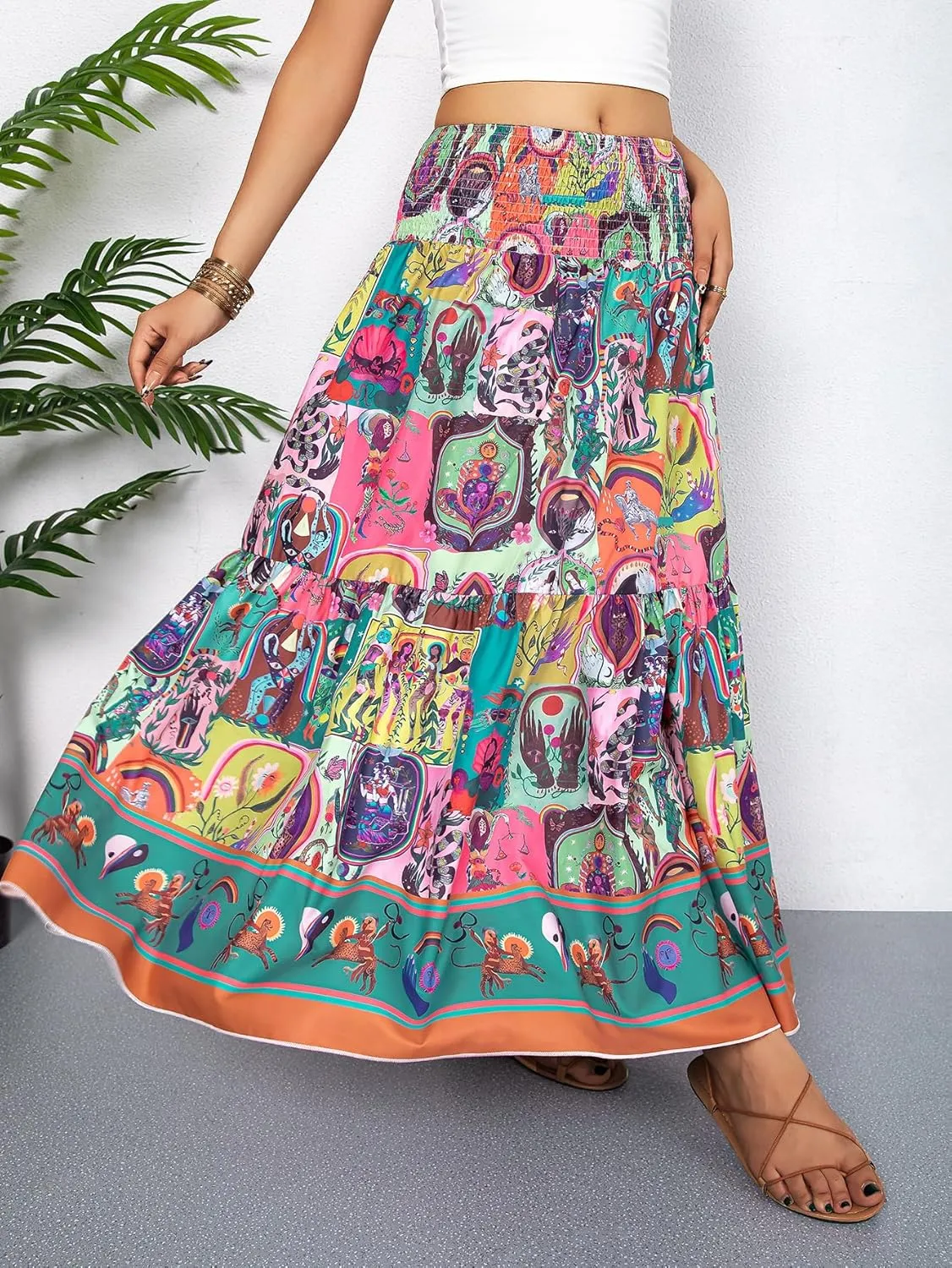 YHYJMY Women's Boho Skirt Elastic High Waist Pleated A-Line Flared Maxi Skirts Womens Flowy Long Skirts