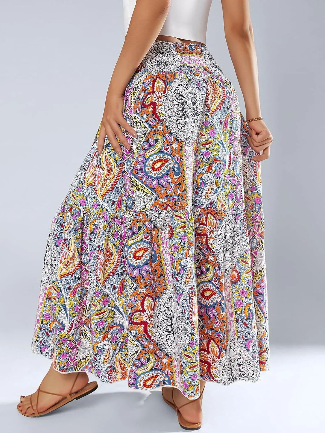 YHYJMY Women's Boho Skirt Elastic High Waist Pleated A-Line Flared Maxi Skirts Womens Flowy Long Skirts