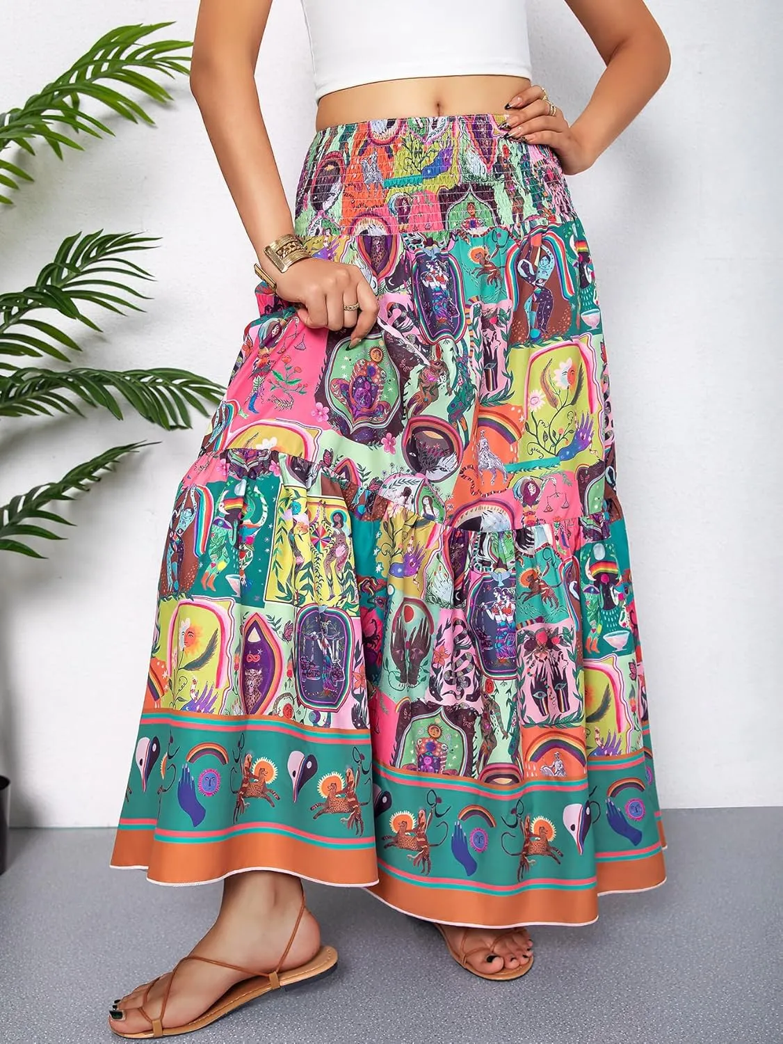 YHYJMY Women's Boho Skirt Elastic High Waist Pleated A-Line Flared Maxi Skirts Womens Flowy Long Skirts