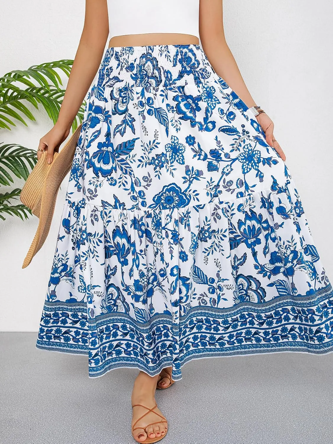 YHYJMY Women's Boho Skirt Elastic High Waist Pleated A-Line Flared Maxi Skirts Womens Flowy Long Skirts