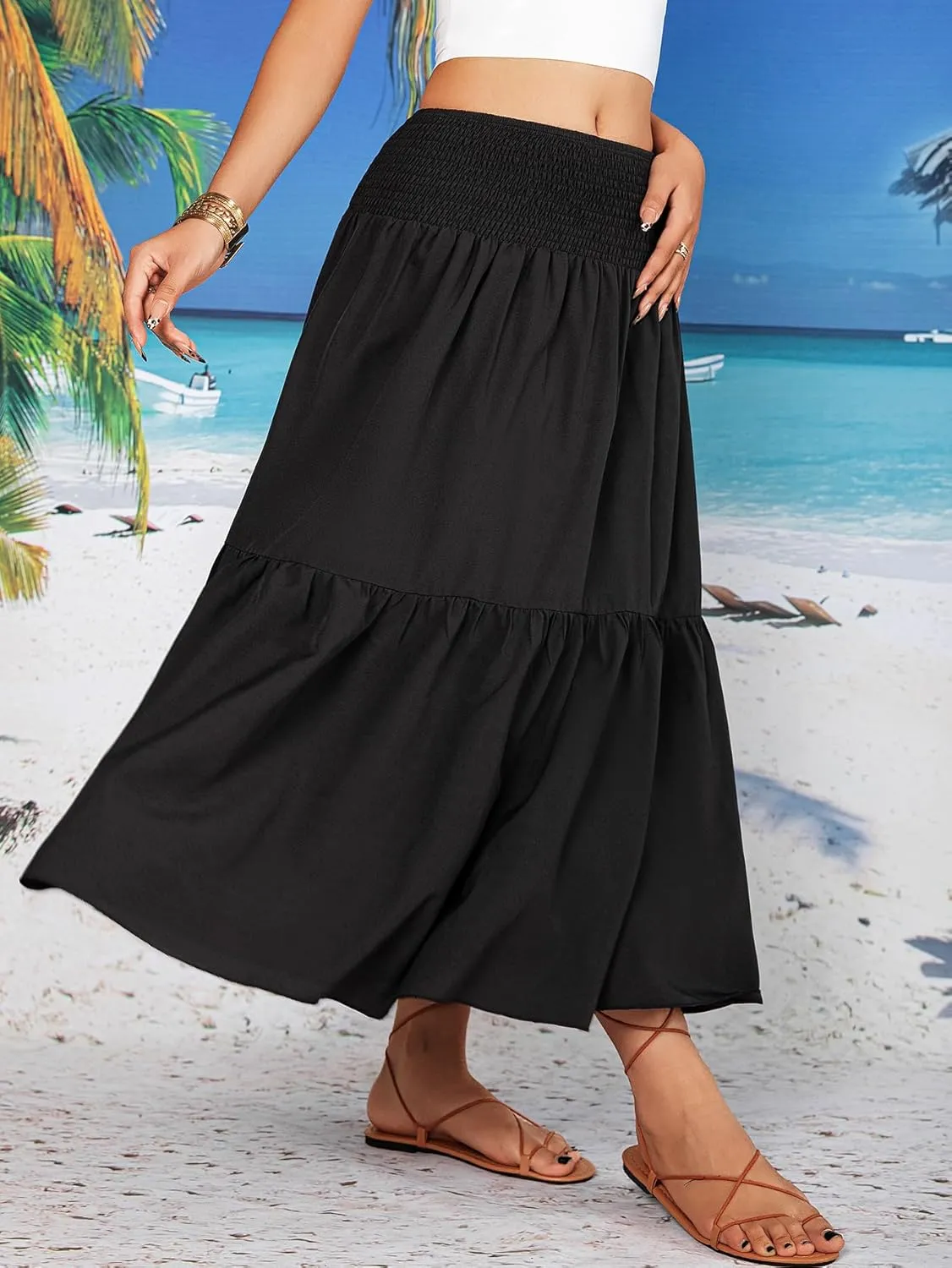 YHYJMY Women's Boho Skirt Elastic High Waist Pleated A-Line Flared Maxi Skirts Womens Flowy Long Skirts