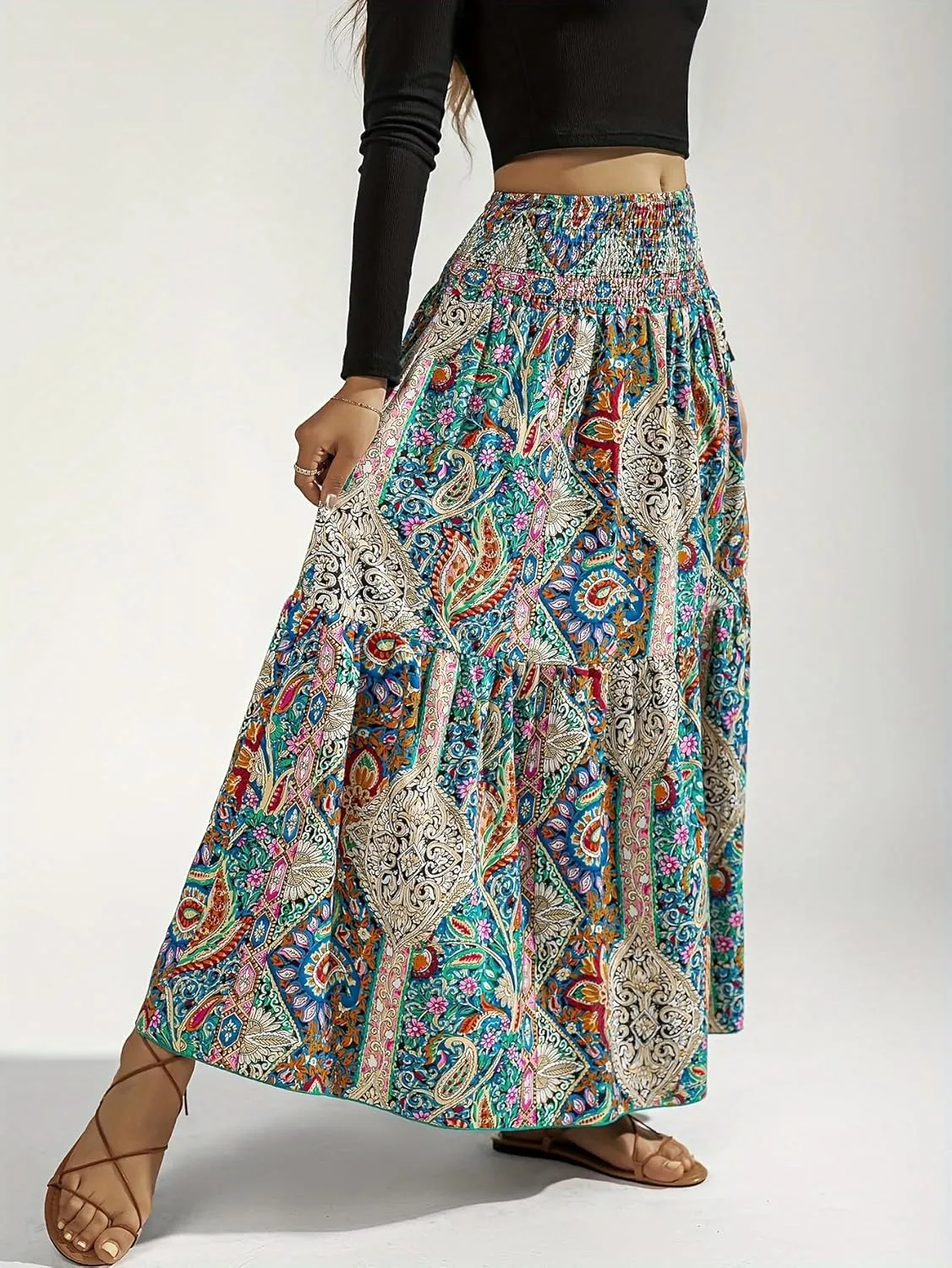 YHYJMY Women's Boho Skirt Elastic High Waist Pleated A-Line Flared Maxi Skirts Womens Flowy Long Skirts