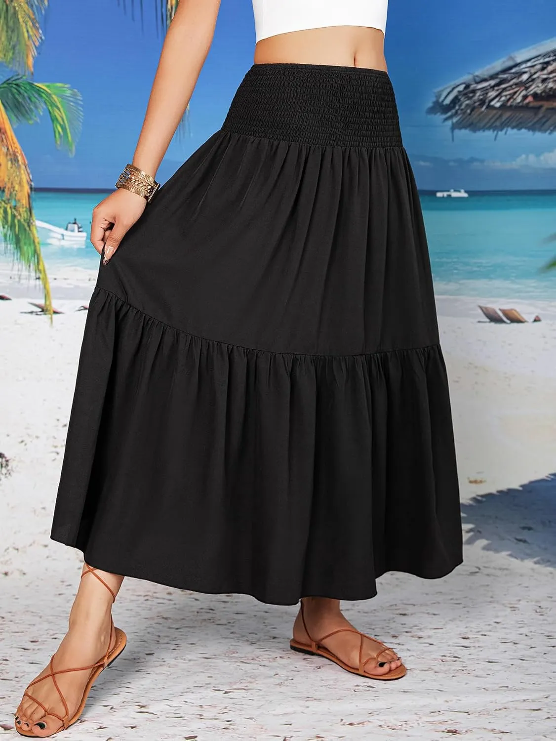 YHYJMY Women's Boho Skirt Elastic High Waist Pleated A-Line Flared Maxi Skirts Womens Flowy Long Skirts