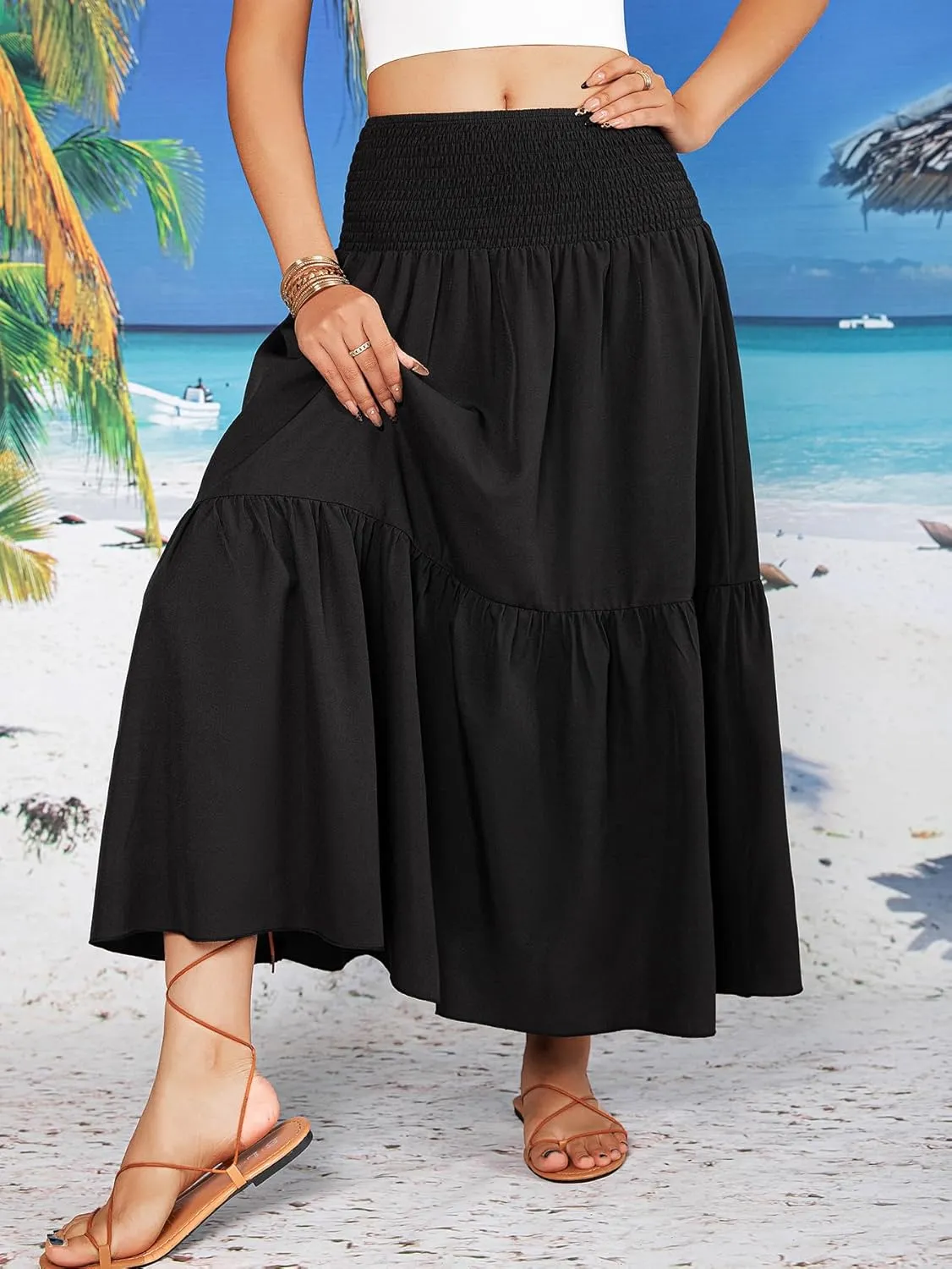 YHYJMY Women's Boho Skirt Elastic High Waist Pleated A-Line Flared Maxi Skirts Womens Flowy Long Skirts