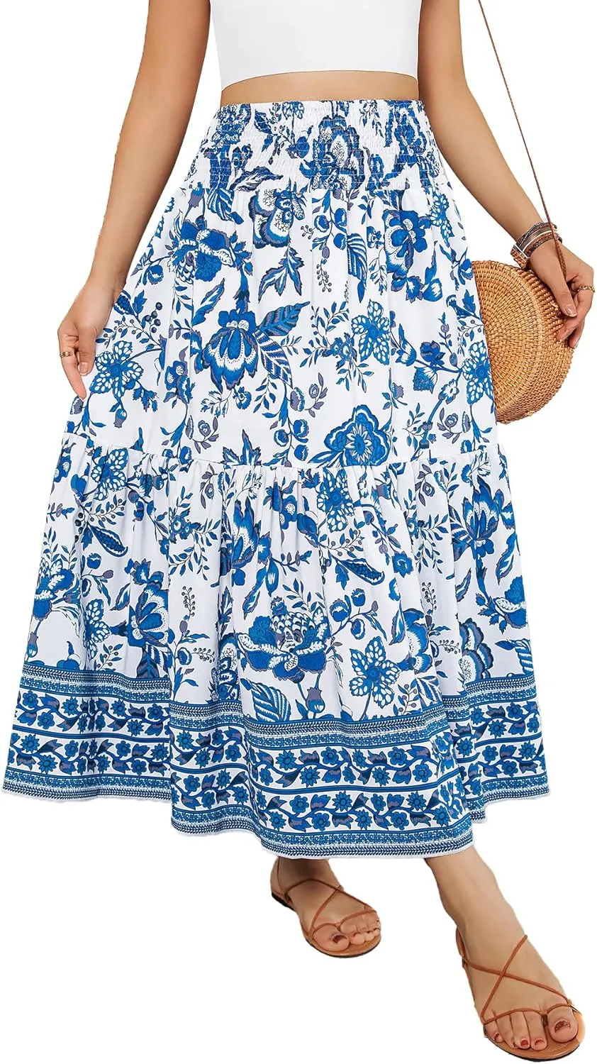YHYJMY Women's Boho Skirt Elastic High Waist Pleated A-Line Flared Maxi Skirts Womens Flowy Long Skirts