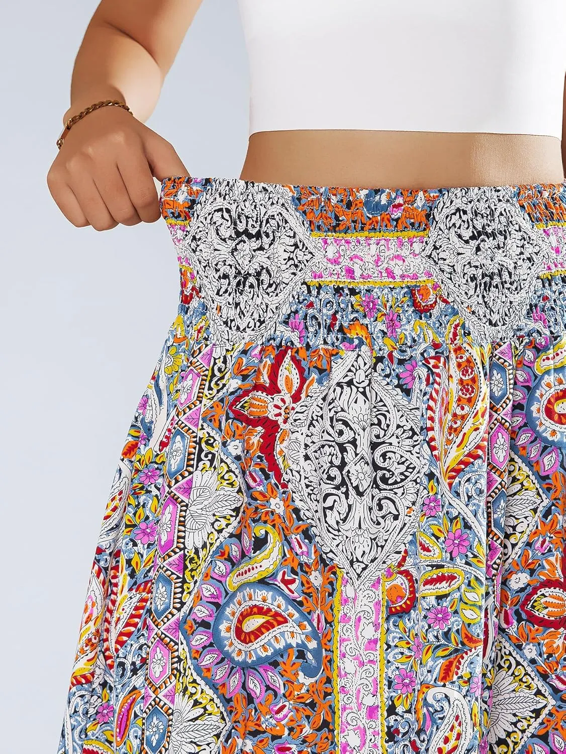YHYJMY Women's Boho Skirt Elastic High Waist Pleated A-Line Flared Maxi Skirts Womens Flowy Long Skirts