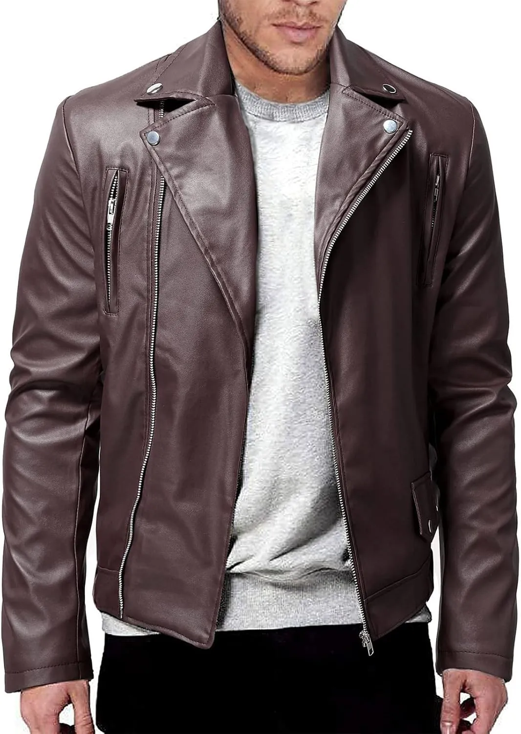 Ymosrh Mens Coats and Jackets Winter Autumn Men's Casual Solid Color Long-Sleeved Slim Leather Light Rain Jacket