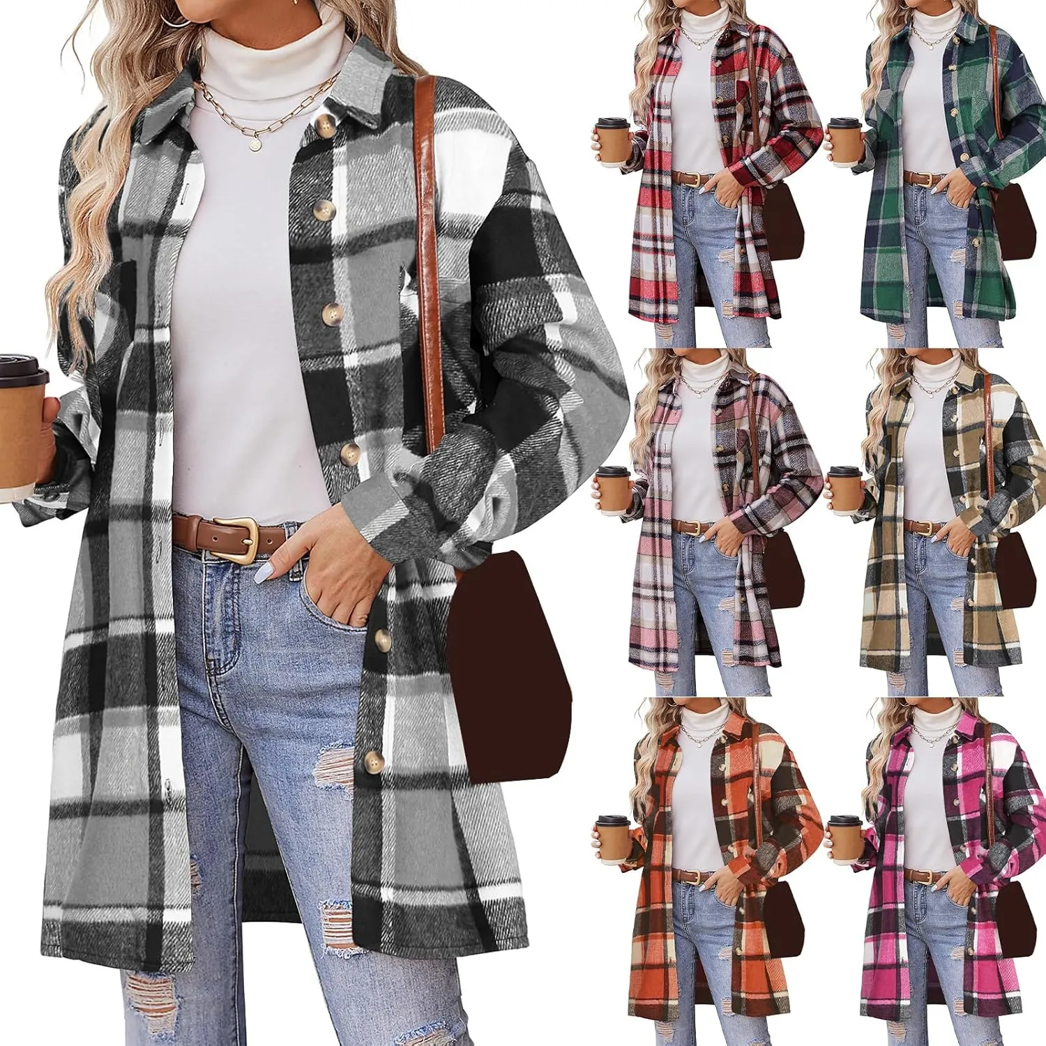 ZWRXW Plaid Shacket Jacket for Women Casual Button Down Lapel Trench Coats Oversized Long Sleeve Outerwear Shirt with Pockets