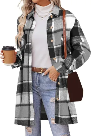 ZWRXW Plaid Shacket Jacket for Women Casual Button Down Lapel Trench Coats Oversized Long Sleeve Outerwear Shirt with Pockets