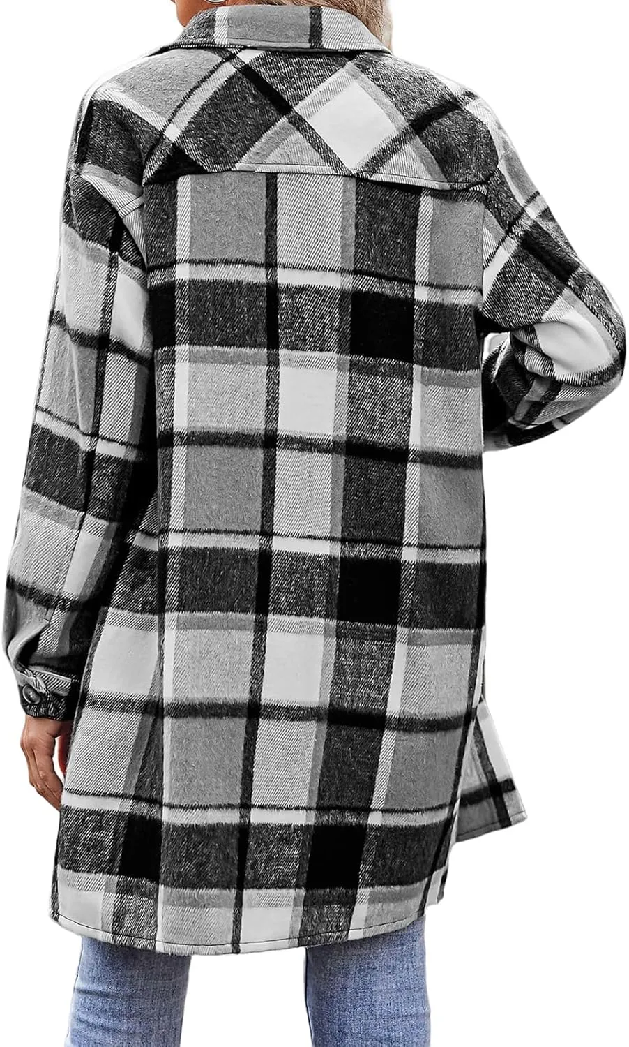 ZWRXW Plaid Shacket Jacket for Women Casual Button Down Lapel Trench Coats Oversized Long Sleeve Outerwear Shirt with Pockets
