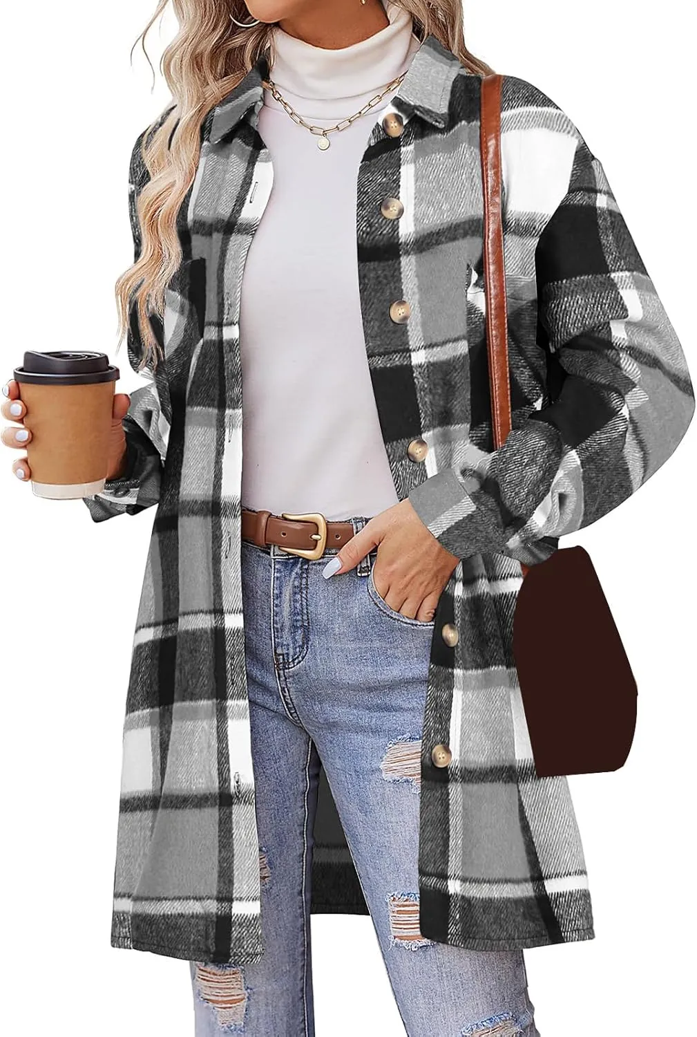 ZWRXW Plaid Shacket Jacket for Women Casual Button Down Lapel Trench Coats Oversized Long Sleeve Outerwear Shirt with Pockets