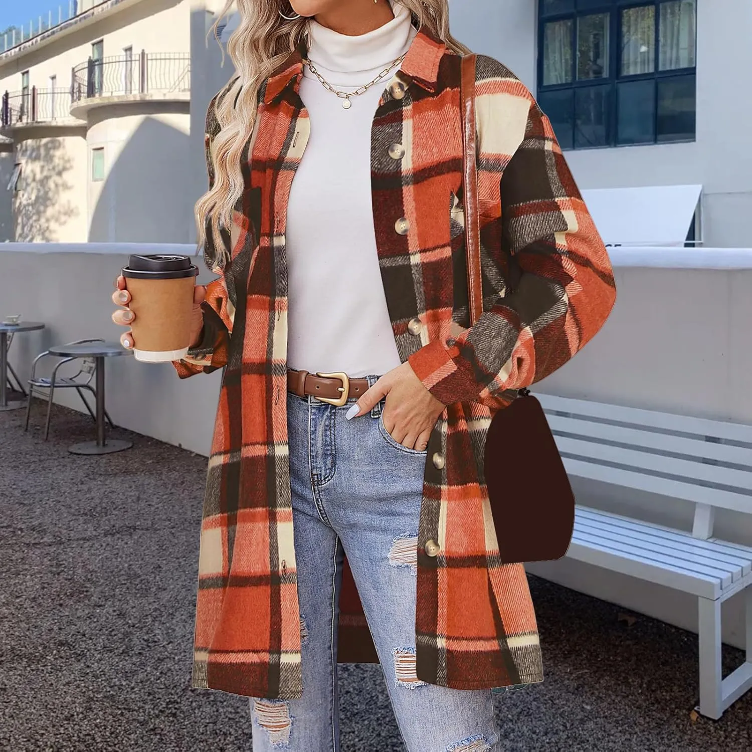 ZWRXW Plaid Shacket Jacket for Women Casual Button Down Lapel Trench Coats Oversized Long Sleeve Outerwear Shirt with Pockets