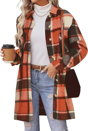 ZWRXW Plaid Shacket Jacket for Women Casual Button Down Lapel Trench Coats Oversized Long Sleeve Outerwear Shirt with Pockets