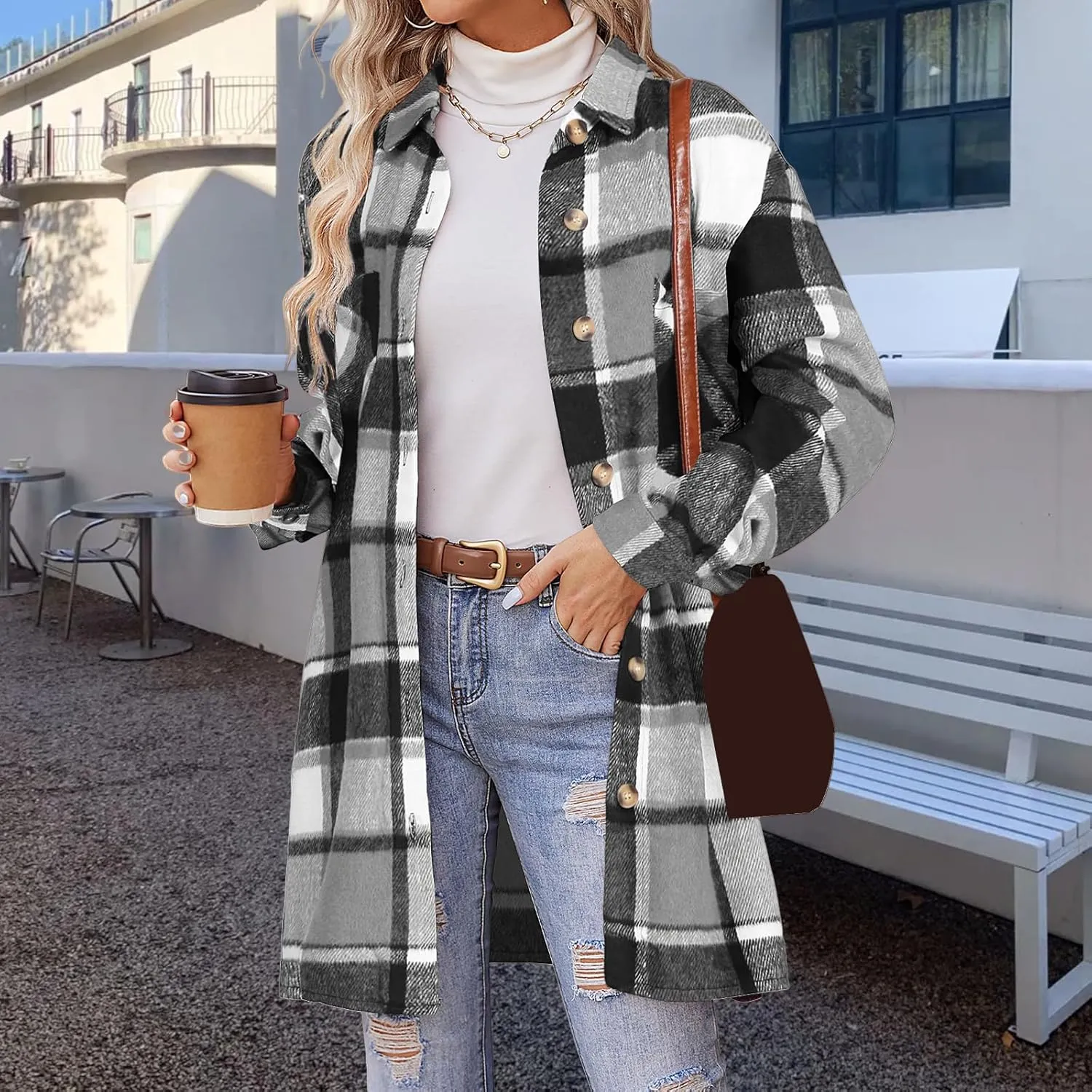 ZWRXW Plaid Shacket Jacket for Women Casual Button Down Lapel Trench Coats Oversized Long Sleeve Outerwear Shirt with Pockets